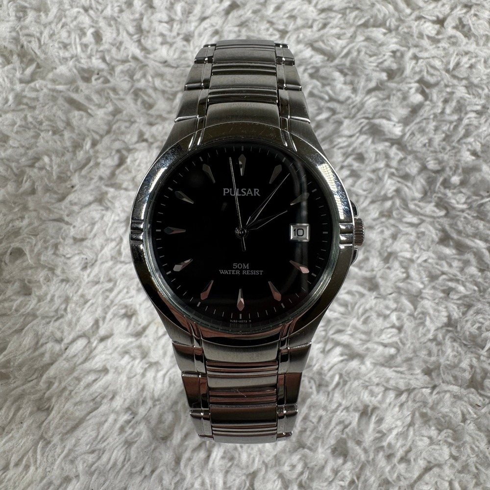 Pulsar Wrist Watch Mens OS Silver Black VJ32-X051 Tested Working New Battery